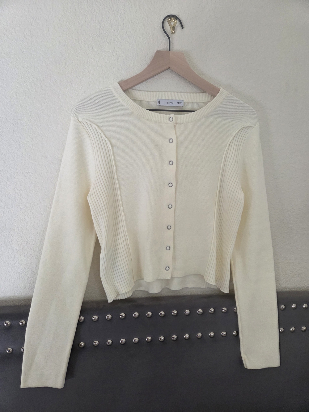 Mango Cream Rib-Panel Button-Front Cardigan